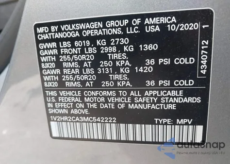 2021 Volkswagen Atlas 3.6L V6 Se W/Technology from USA, damaged, VIN 1V2HR2CA3MC542222